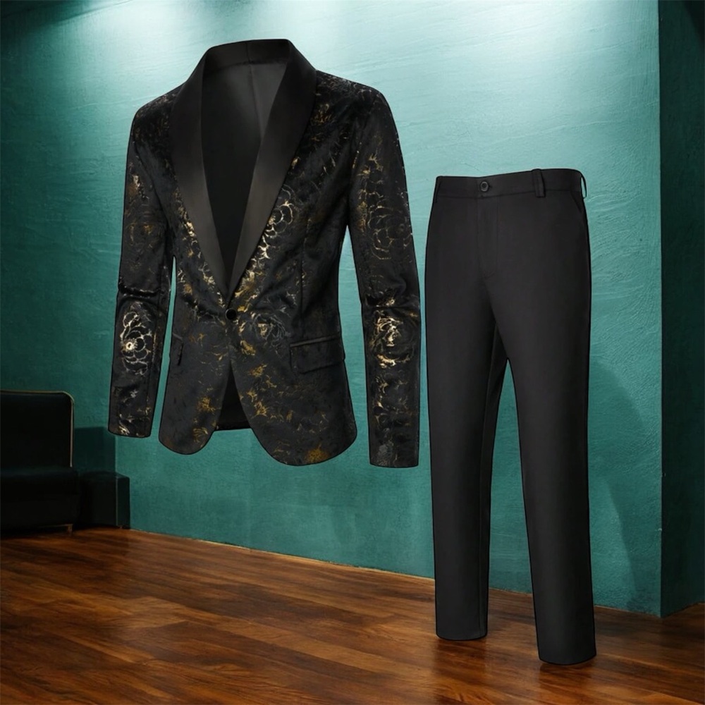 Elegant Black and Gold Men's Blazer and Pants Set